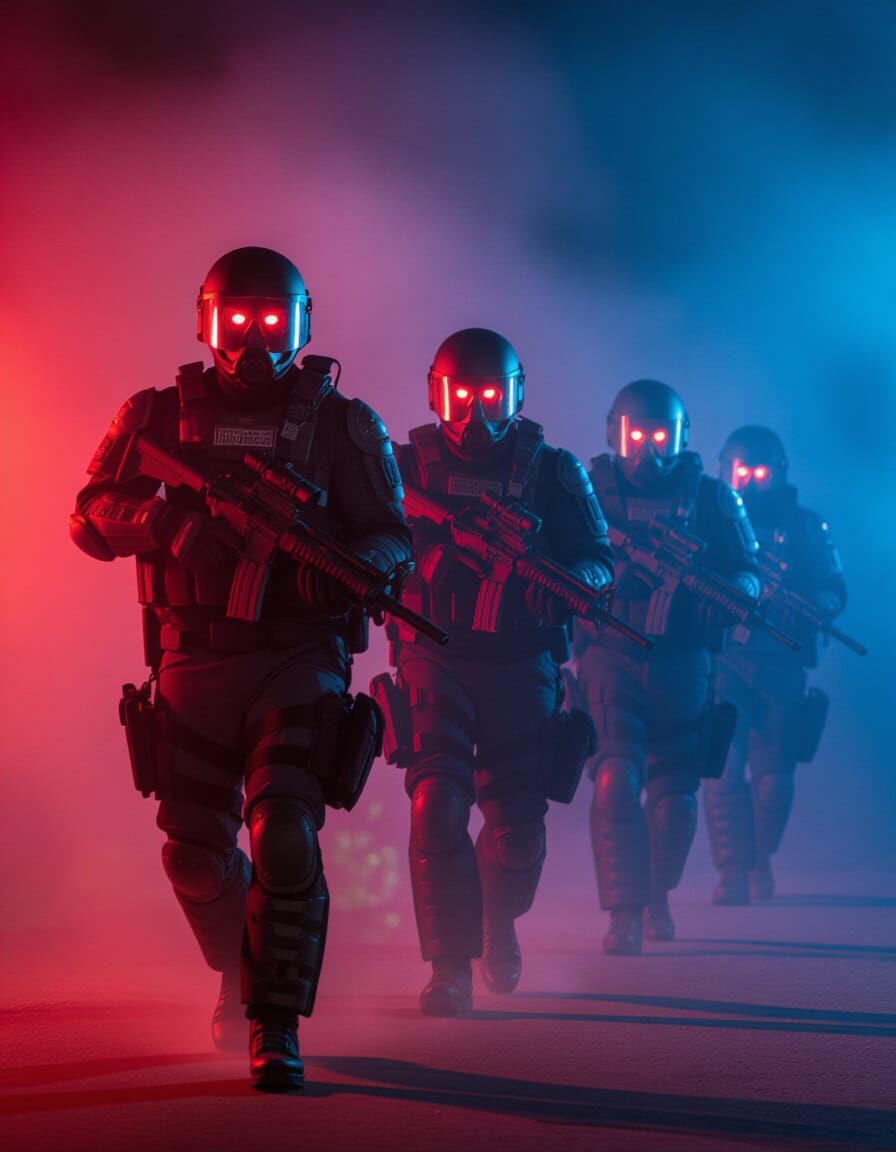 Tactical Team Advancing Through Smoke