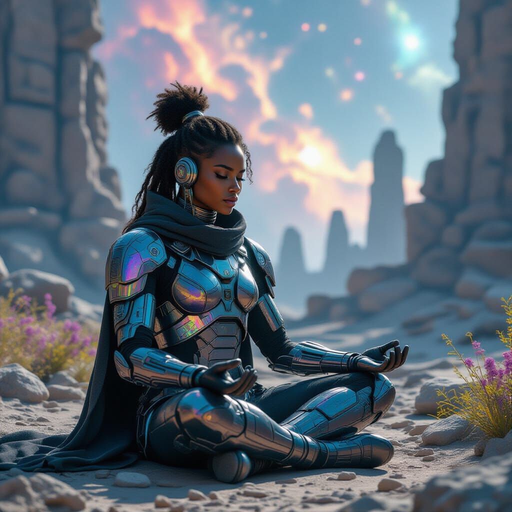 Afrofuturistic Warrior Meditating on Alien Planet
