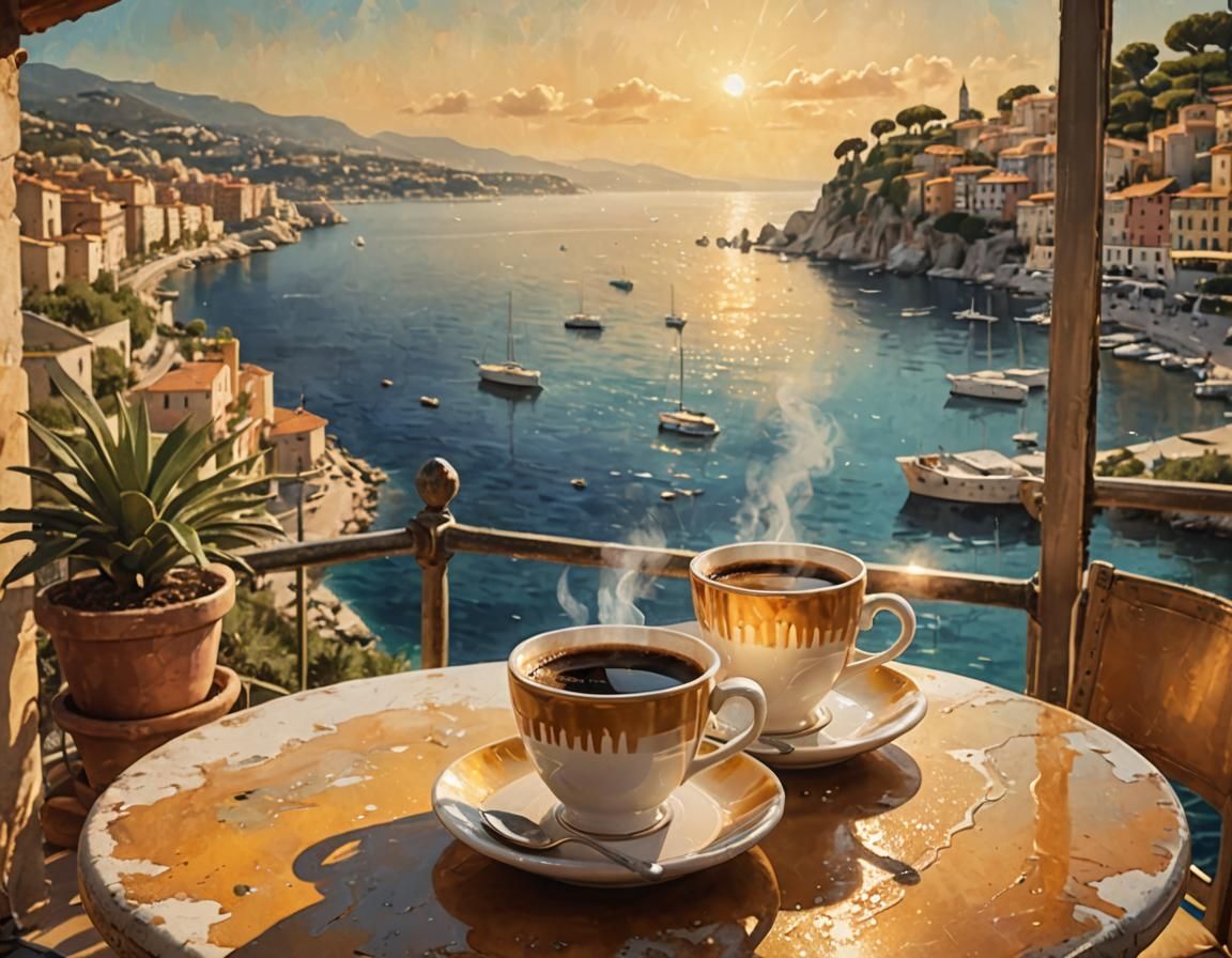 French Riviera Cafe Overlooking Tranquil Sea