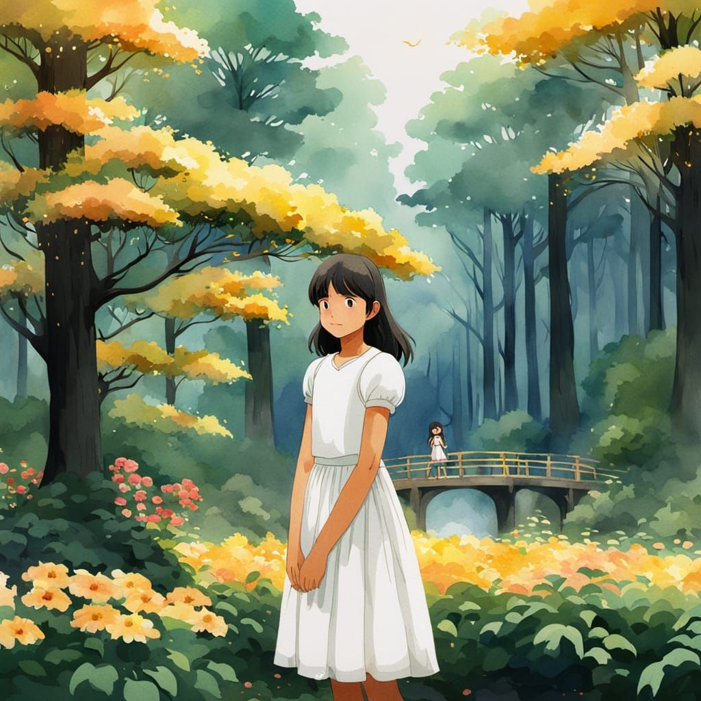 Whimsical Studio Ghibli-Inspired Watercolor Art of a Young G...