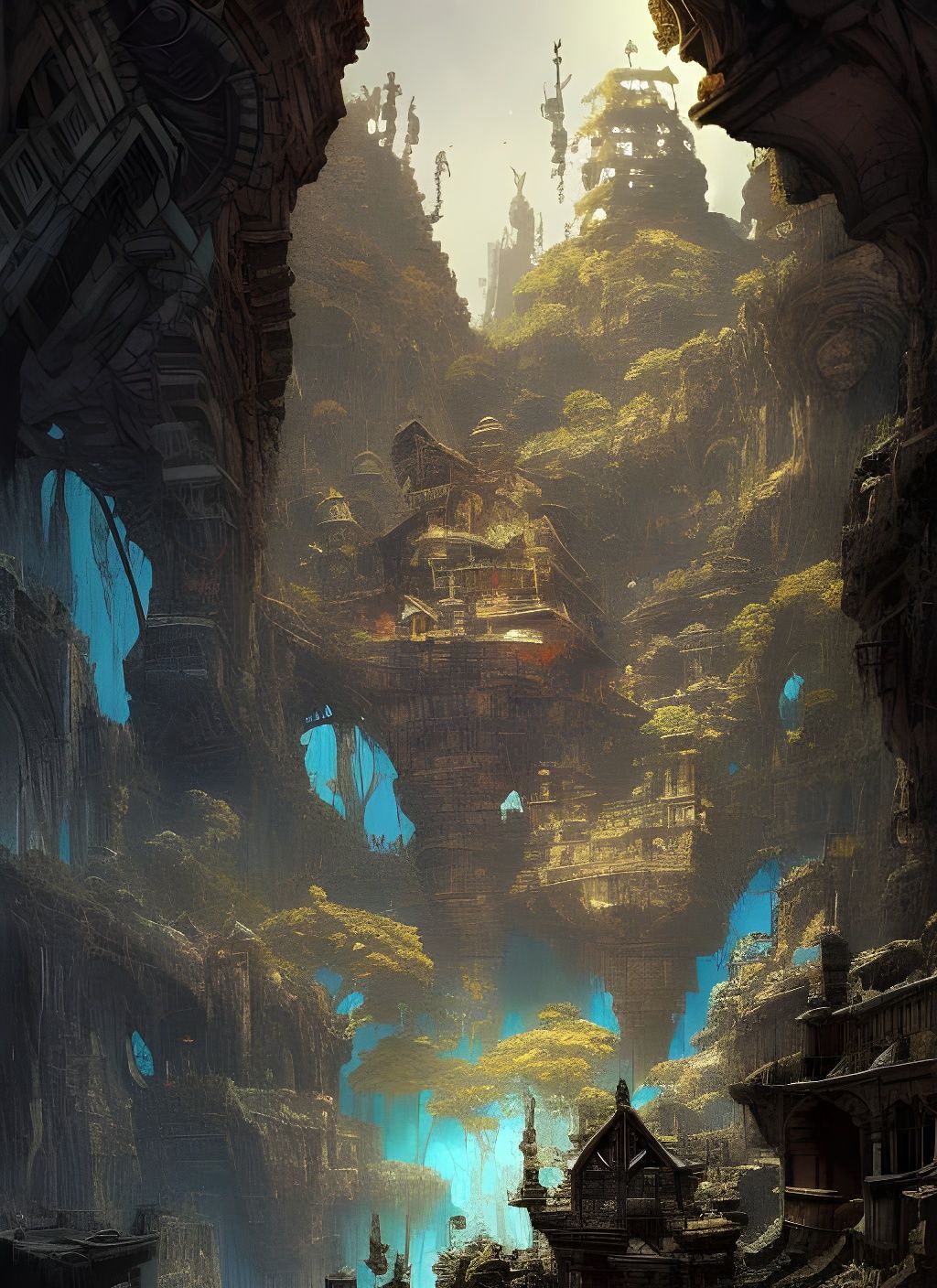 Ancient City in Vast Cave: Watercolor Splash Art