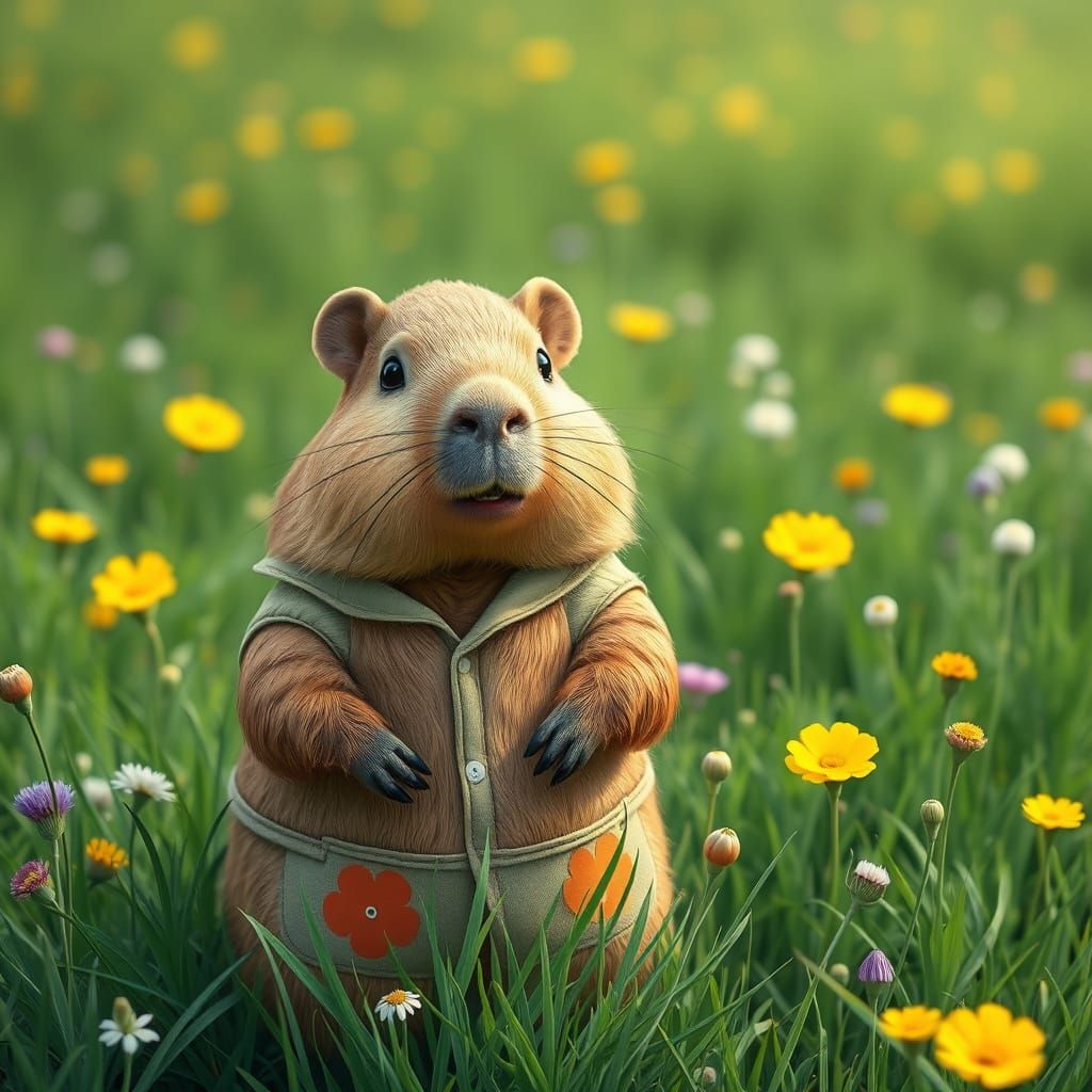 Capybara in Adorable Outfit in Lush Meadow