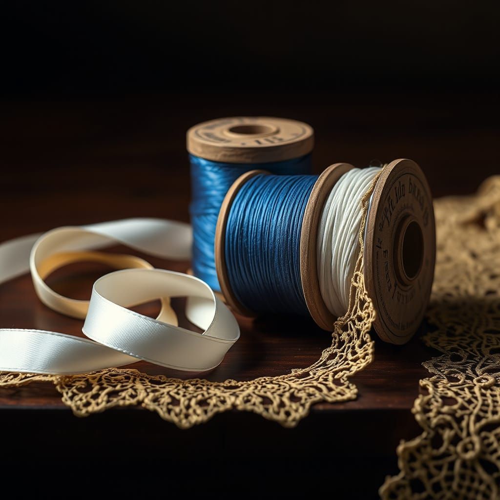 Vibrant Threads & Lace on Dark Wood: Still Life