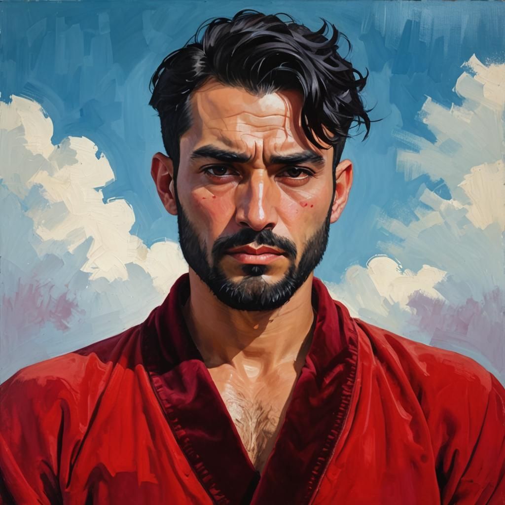 Sad Man in Red Velvet Robe: Impasto Painting