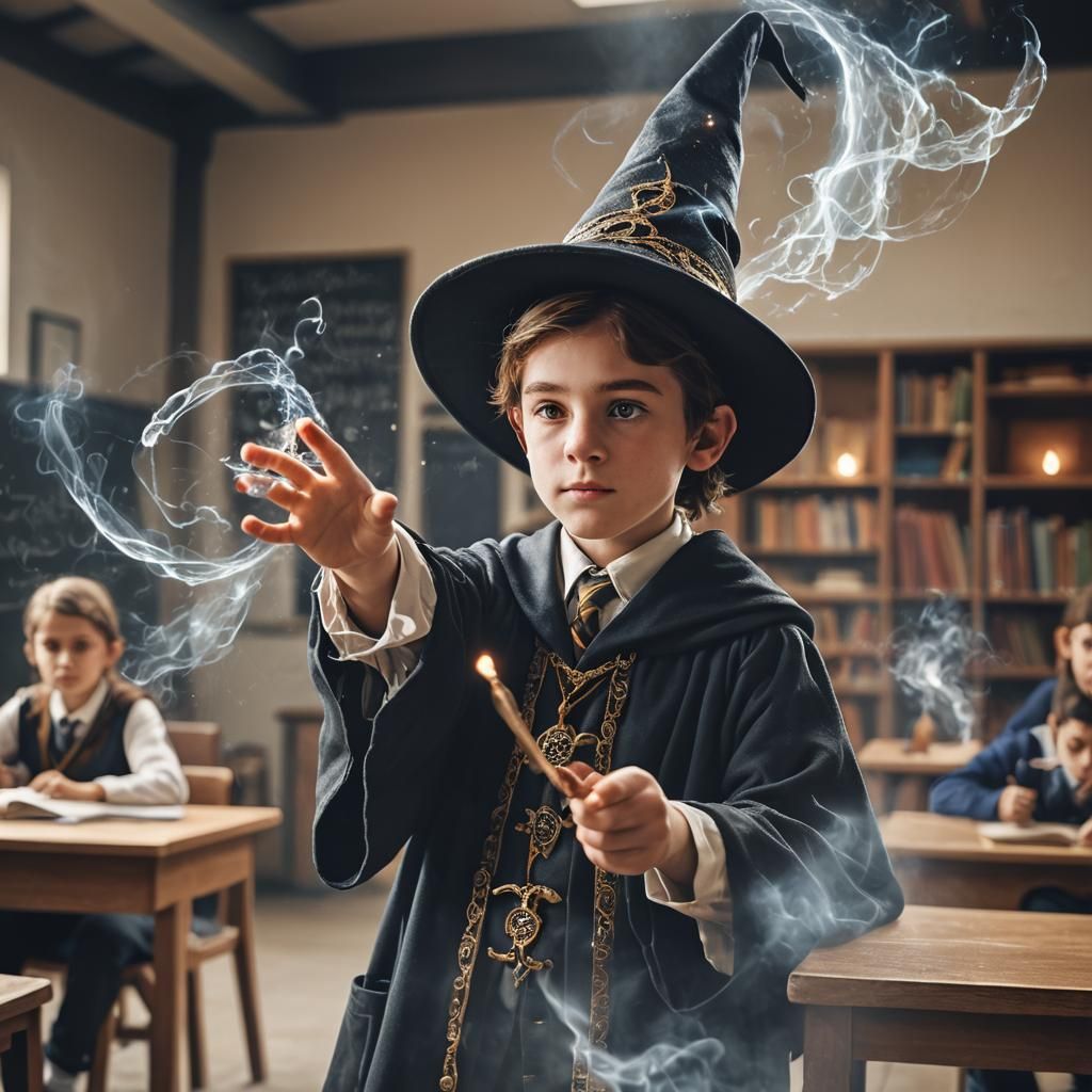 Boy Wizard Casting Spell: Hyperrealistic Photo