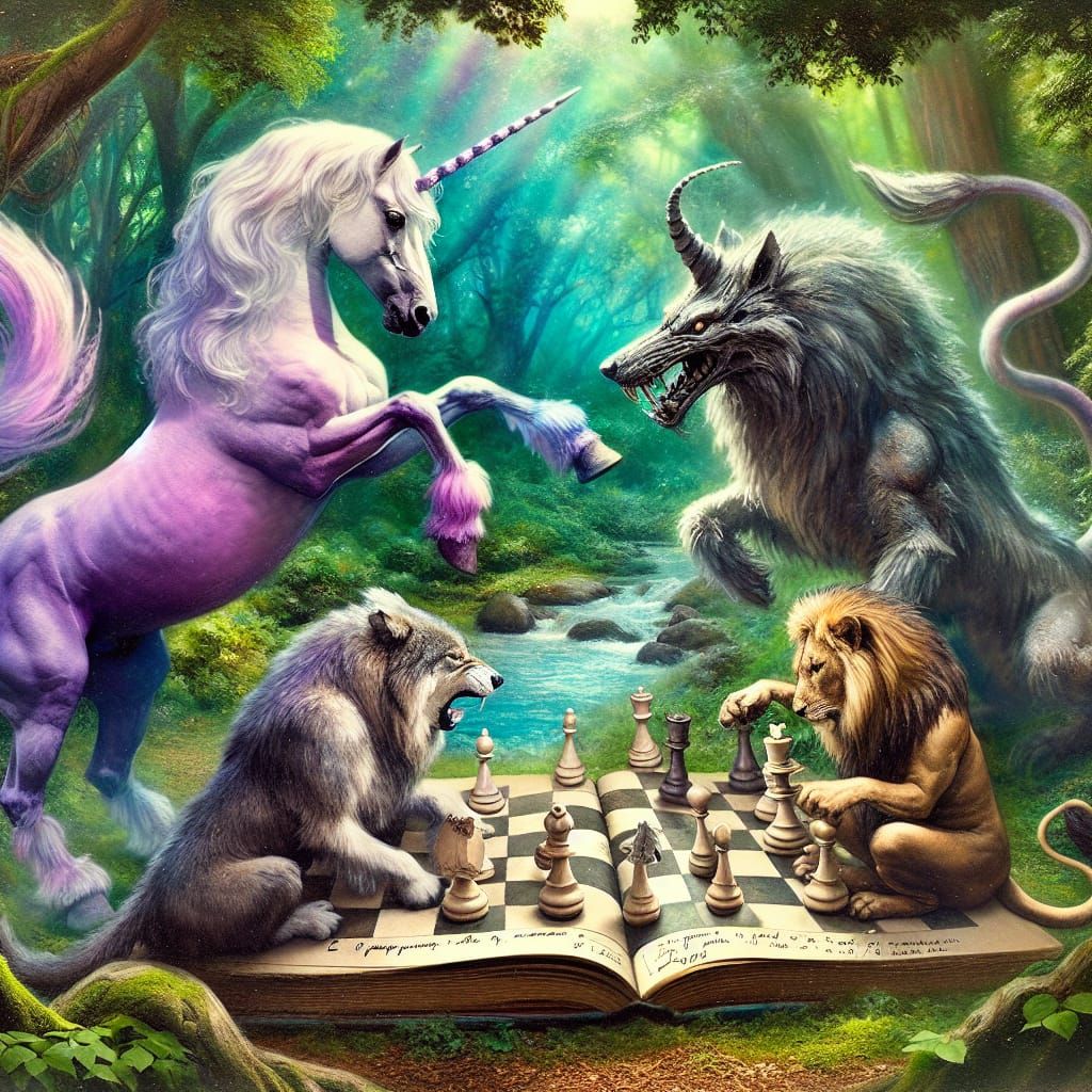 Unicorn and Chimera Chess Match in Enchanted Forest