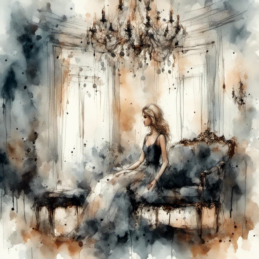 Blond Woman in Empty Room, Charcoal and Ink Style