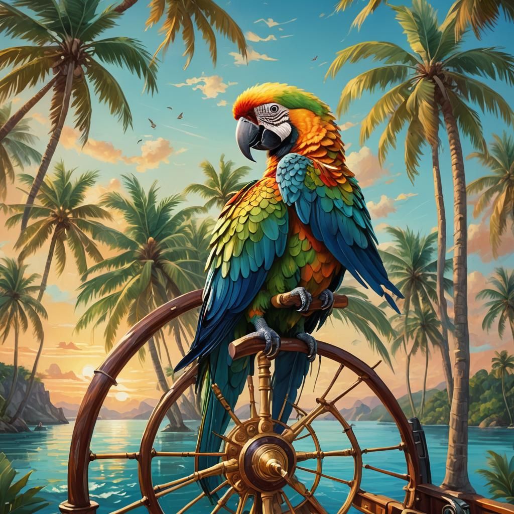 Parrot Captain Sailing a Tropical Paradise