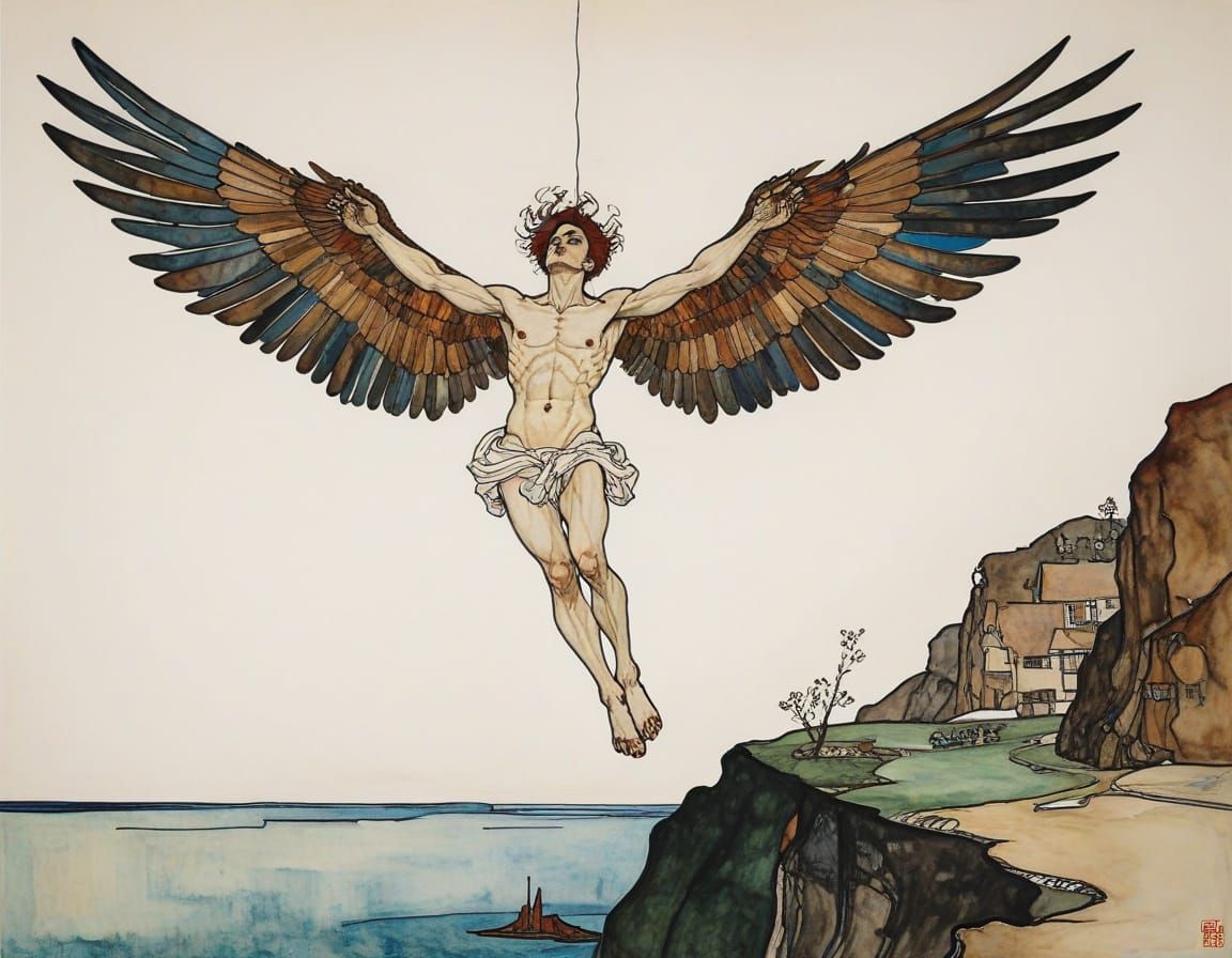 Whimsical Line Art Depiction of Icarus' Descent