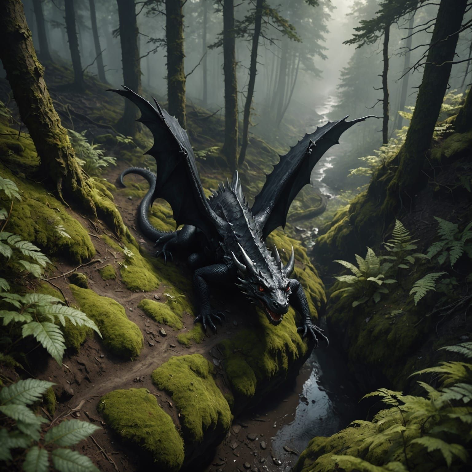 High Detail Black Dragon in Horrific Forest