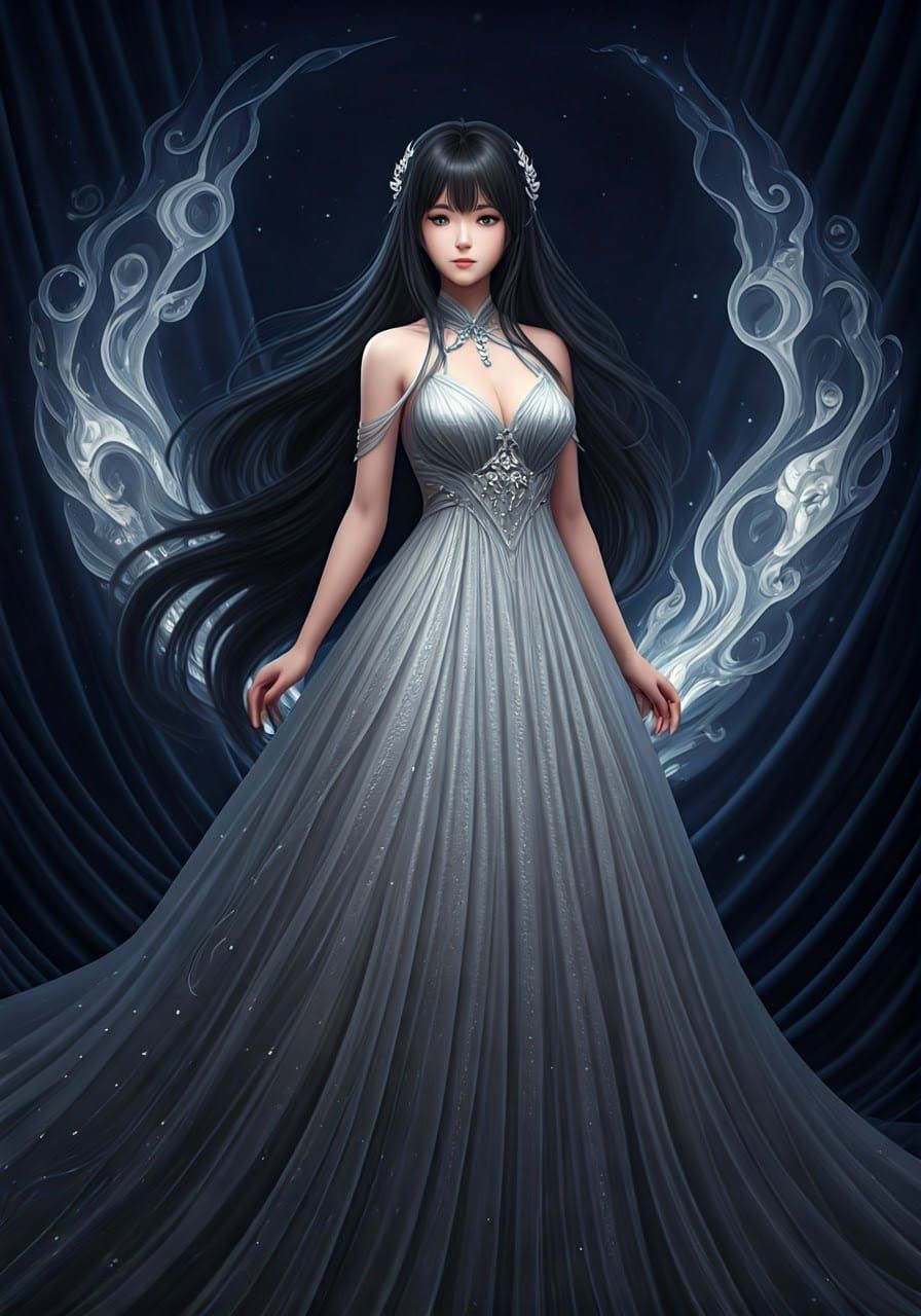 Gorgeous Young Woman in Elegant Formal Gown with Celestial A...