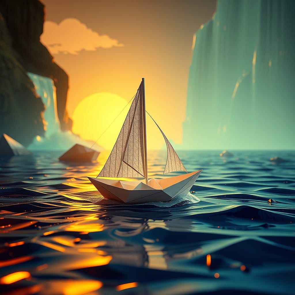 Surreal Sailboat Sails Through Shattered Oil and Glass Water...