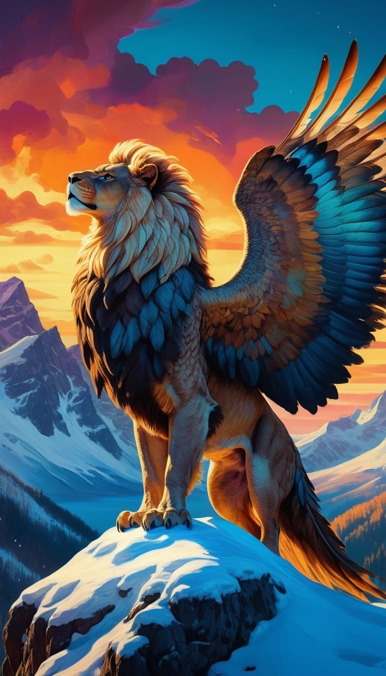 Majestic Griffin Reigns Supreme on Snow-Capped Mountain