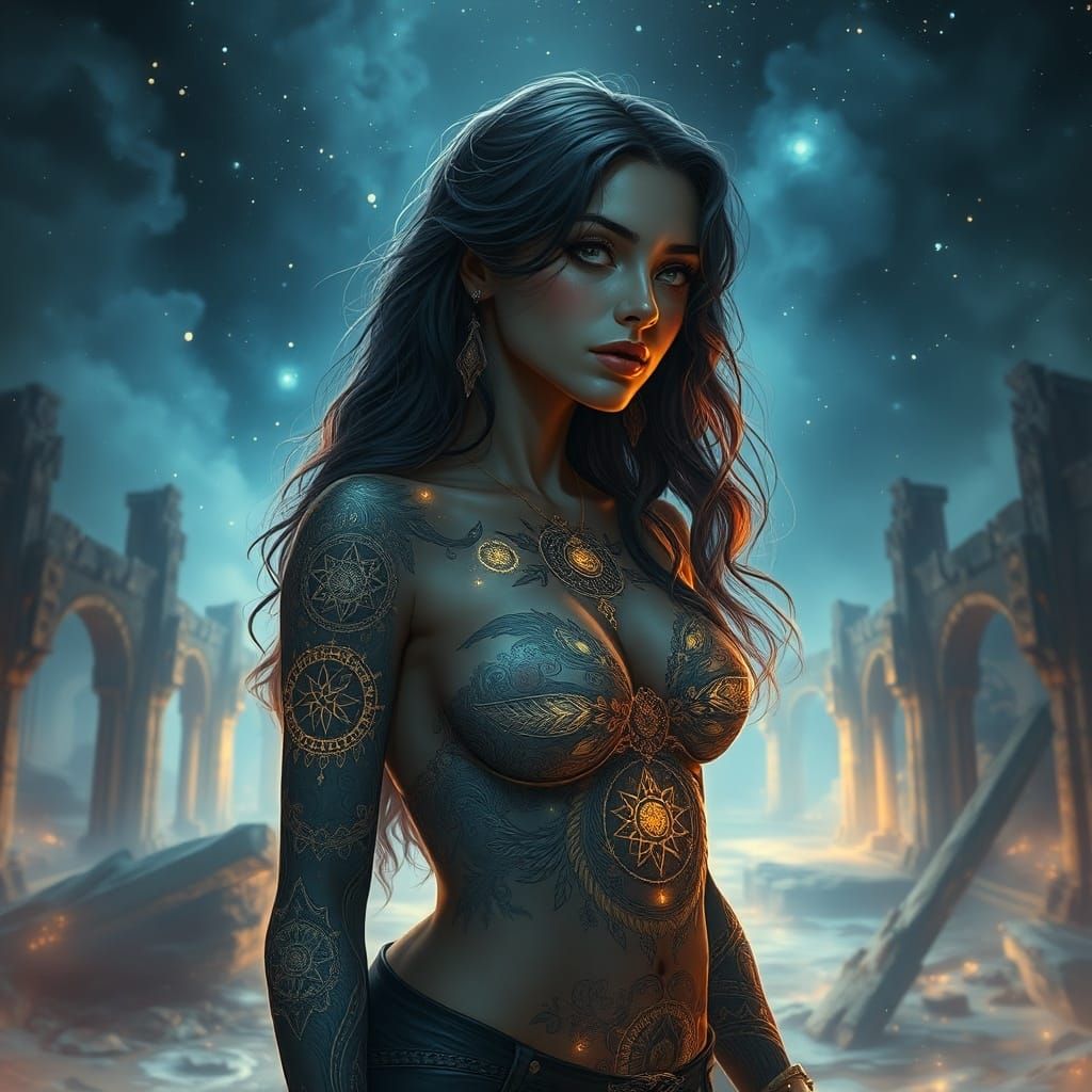 Woman with Celestial Tattoos in Ethereal Ruins
