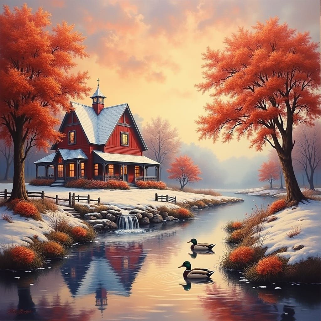 Golden Mists Surround Charming Country Mansion with Mallard ...