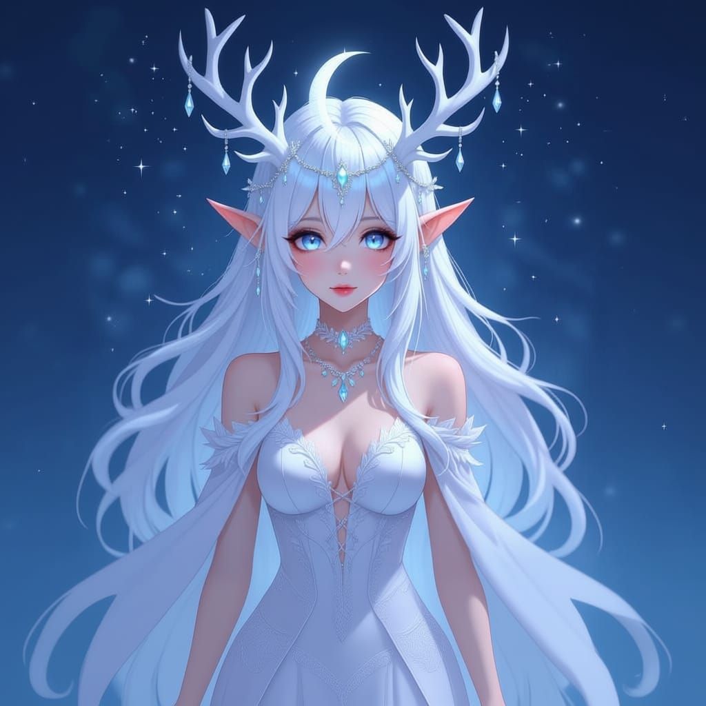 Mysterious Anime Girl with Antlers and Silver Dress