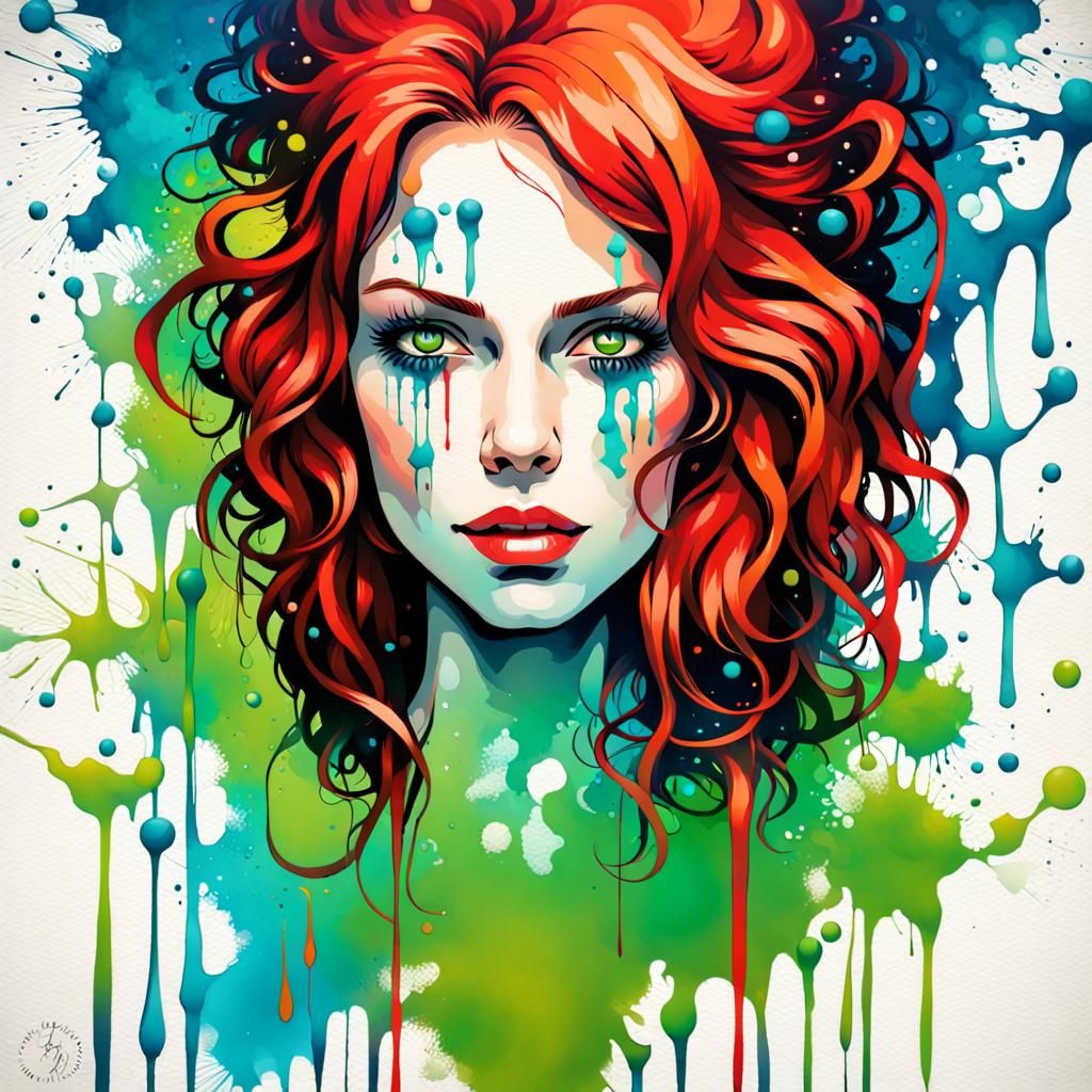 Red Haired Woman in Inkblot Graffiti Art
