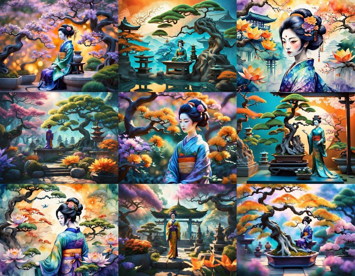 Surreal Geisha in a Vibrant Bonsai Garden at Twilight