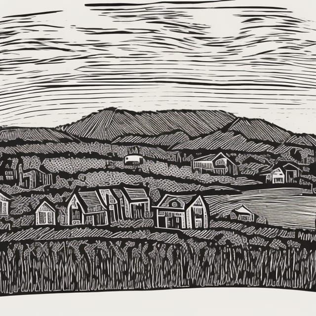 Village Landscape in Linocut Style