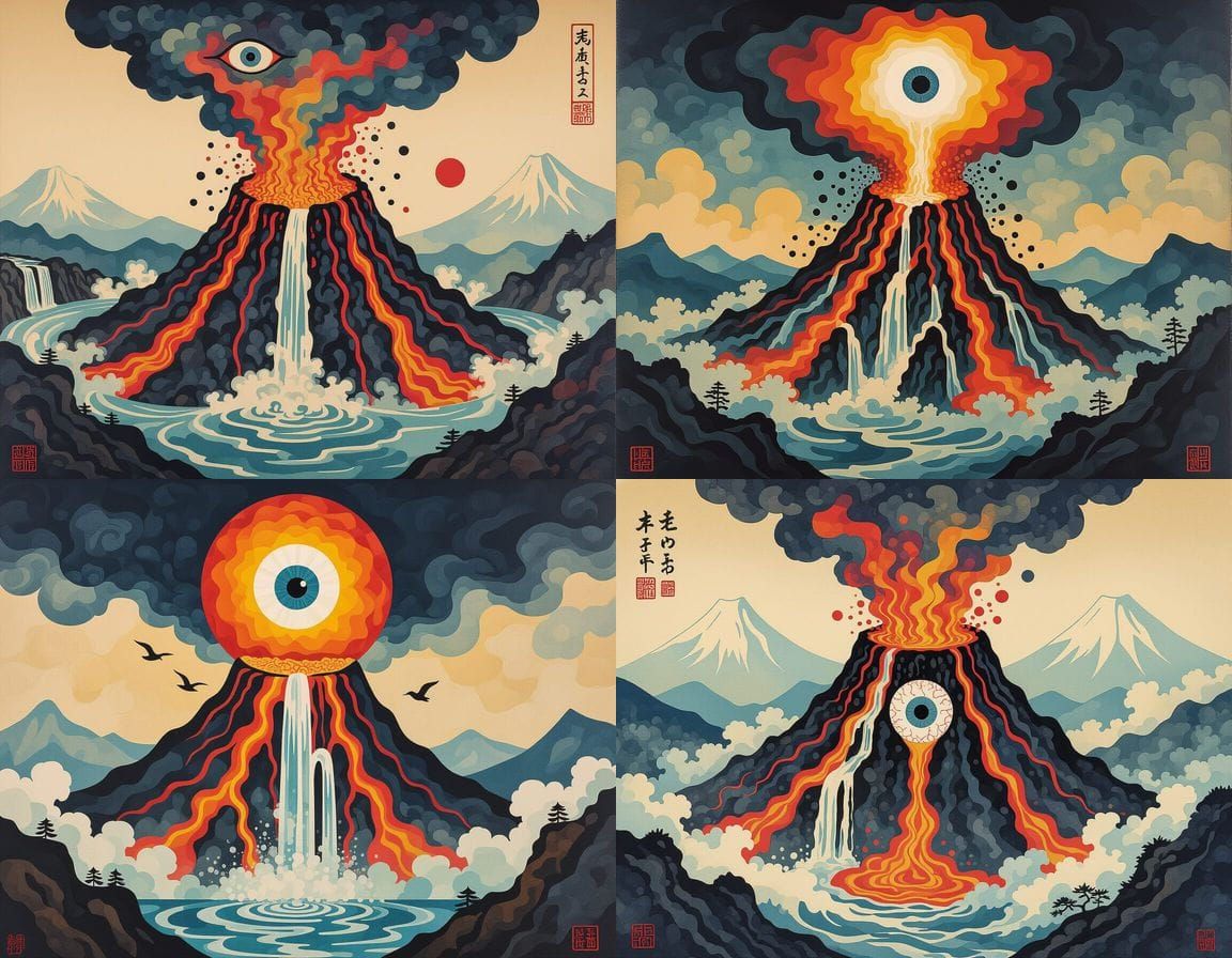 Ukiyo-e Volcano Fountain in Surrealist Style