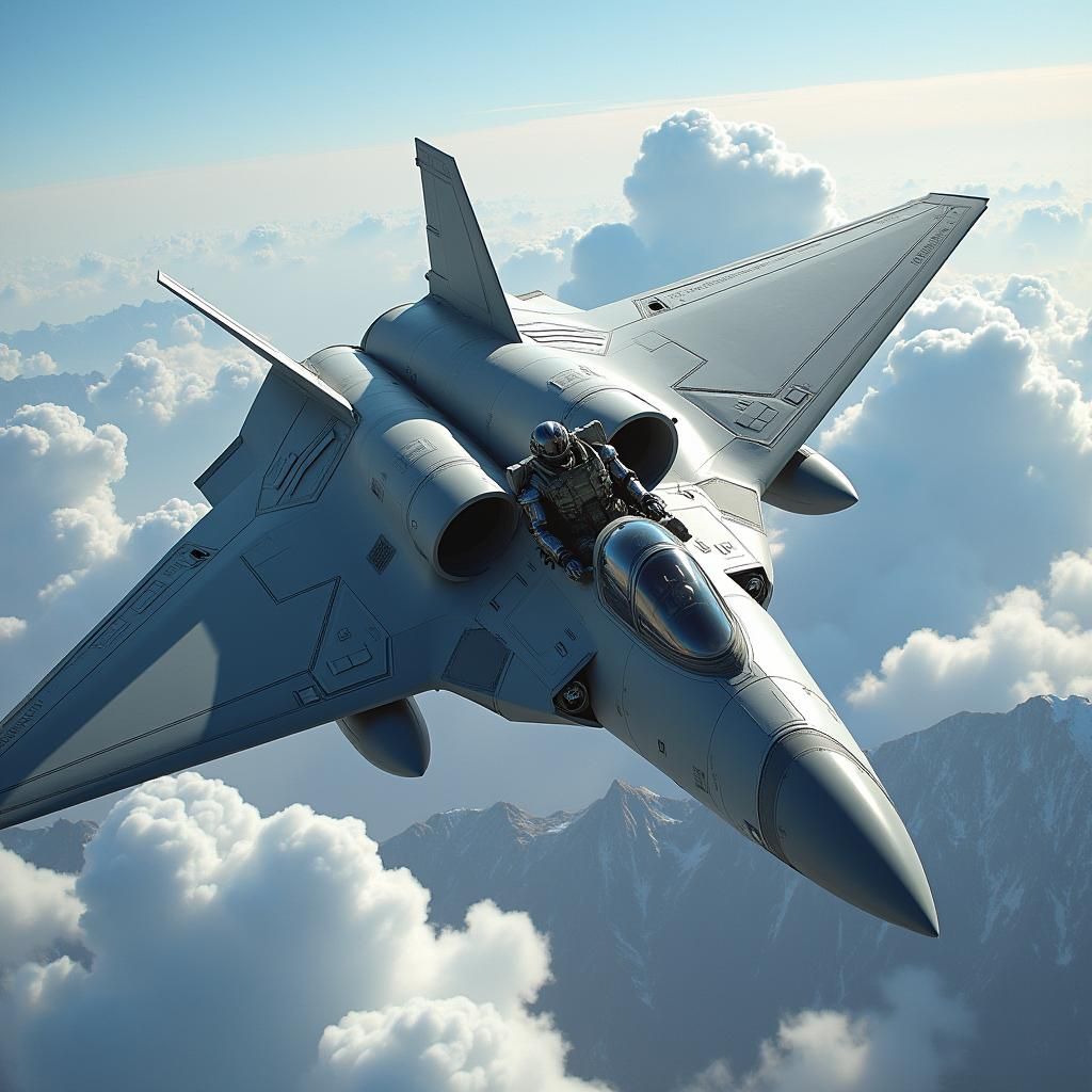 Futuristic Fighter Pilot in Hybrid Stealth X-Wing Aircraft