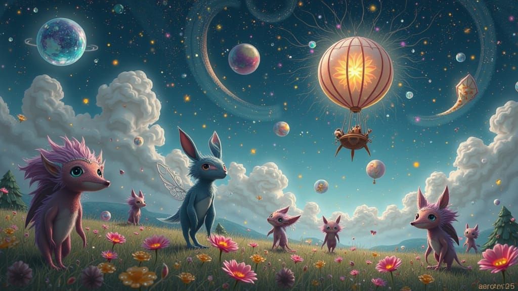 Whimsical Creatures in Dreamy Night Sky with Balloon