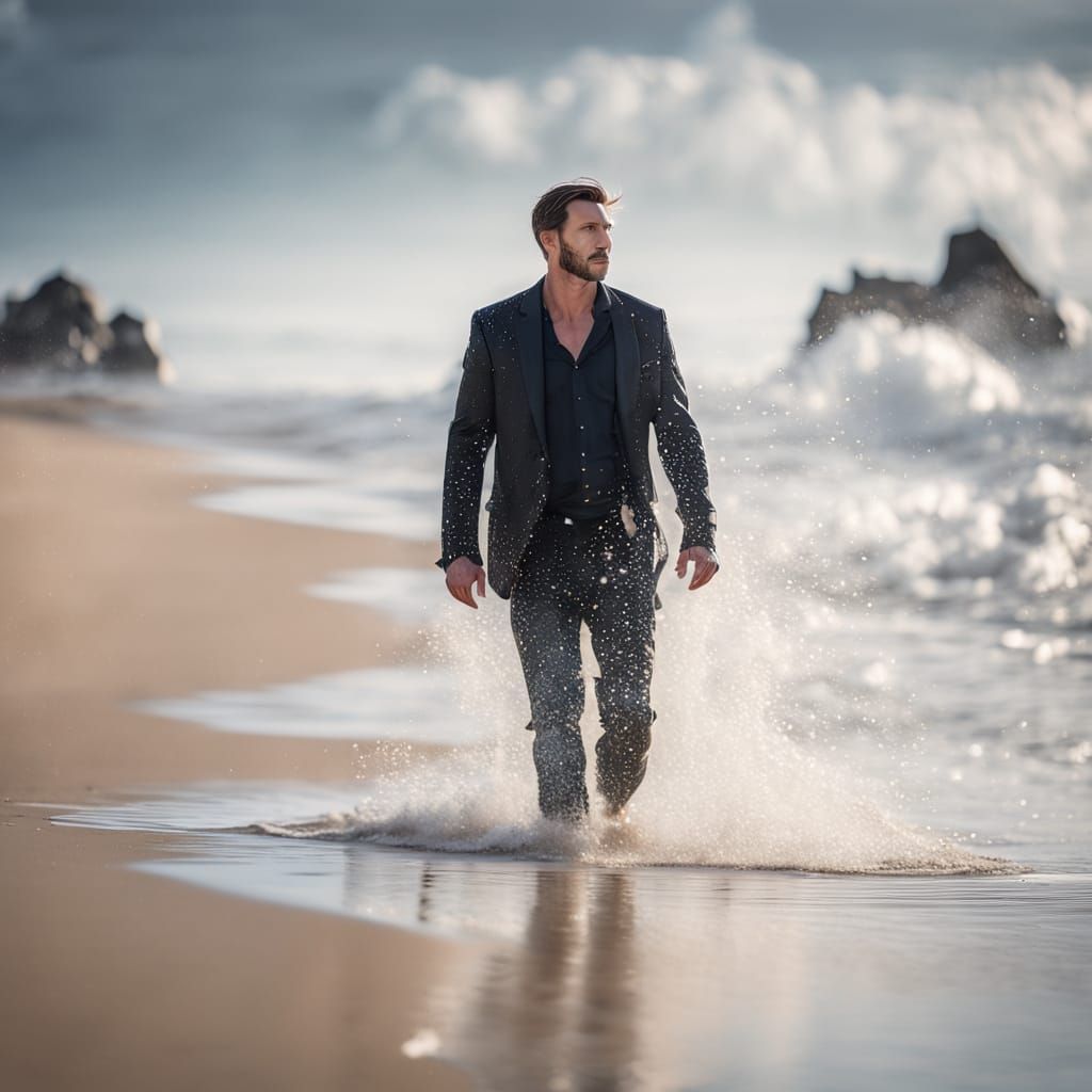 Water Sculpture Emerges from Ocean Waves in Ethereal Fantasy...