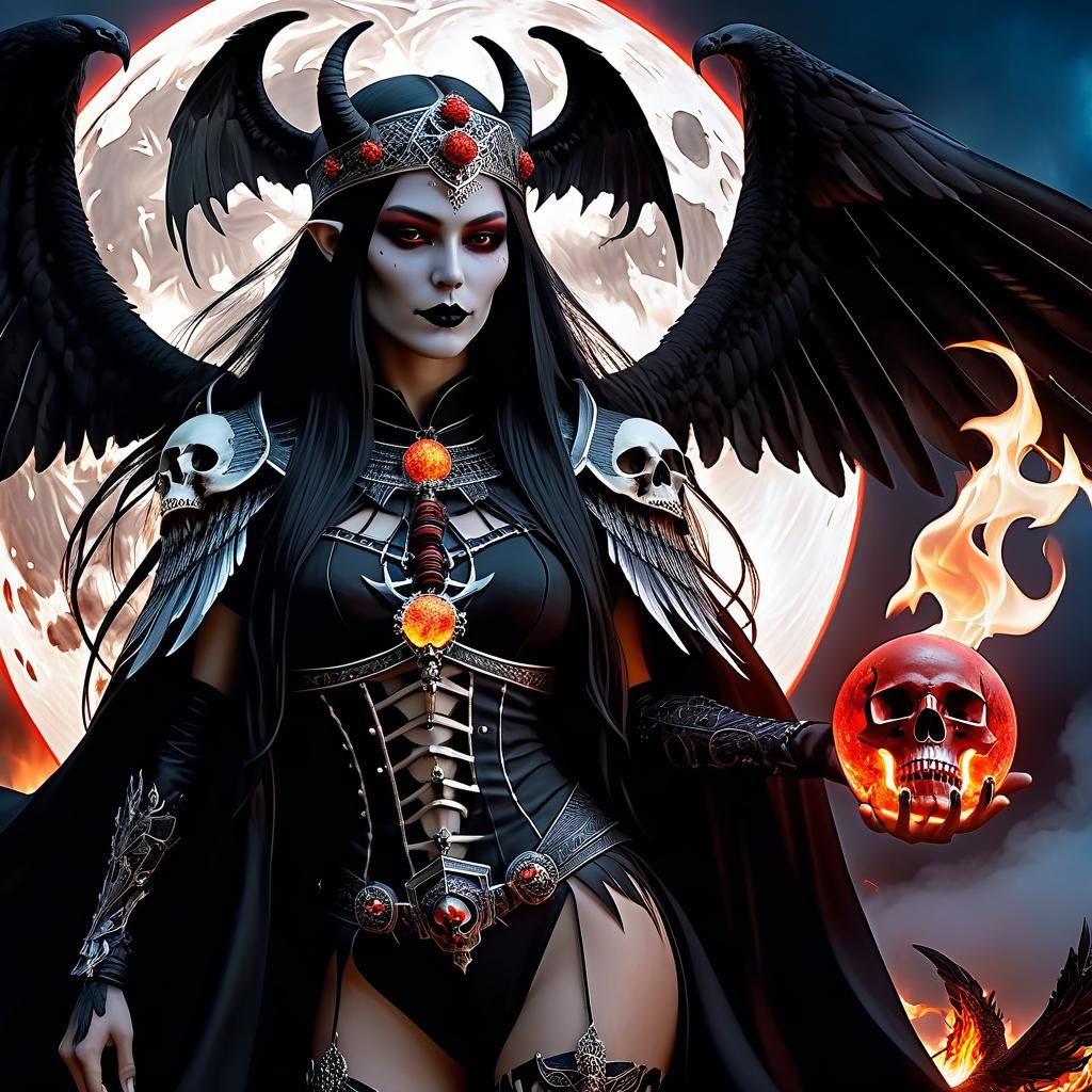 Dark Priestess with Flaming Skull in Anime Style