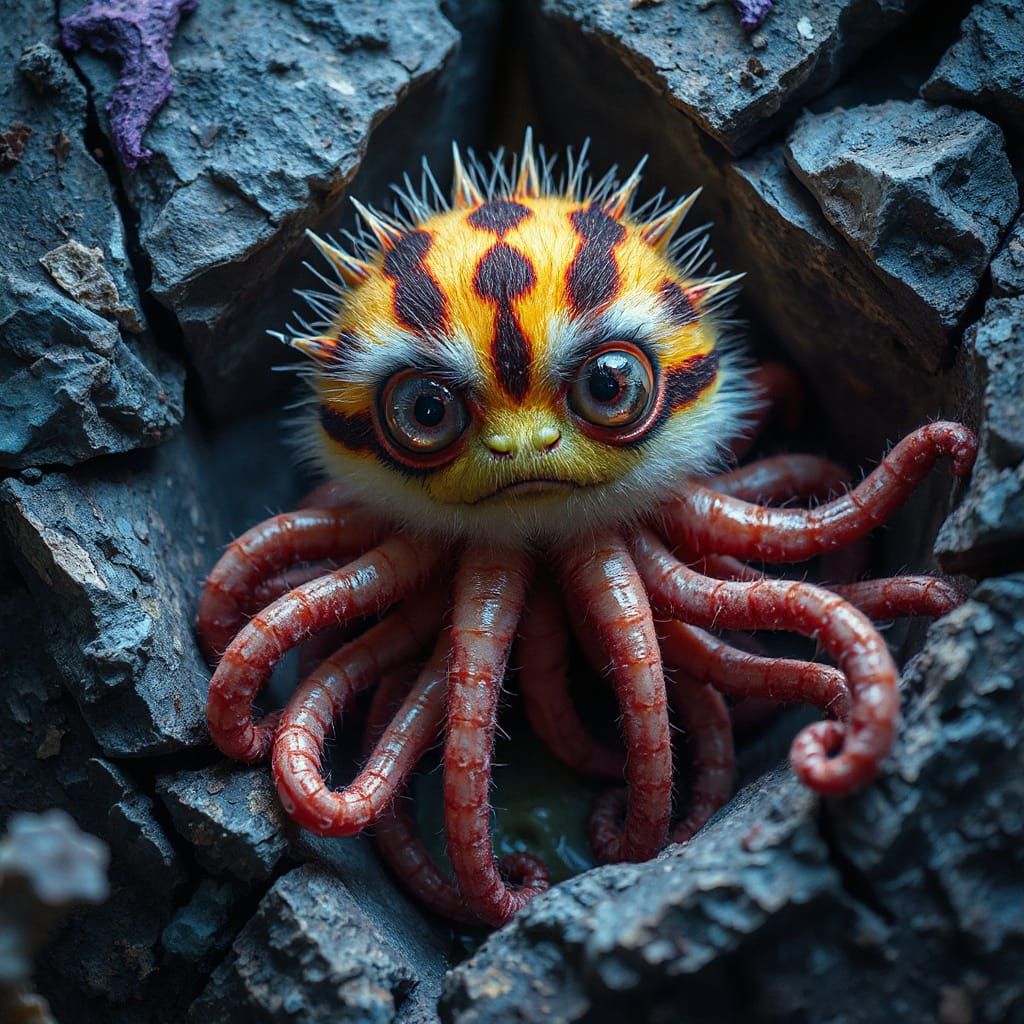 Neon Furry Creature with Tentacles, Digital Painting