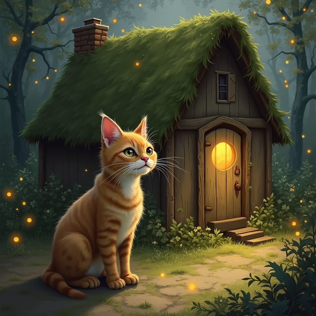 Whimsical Feline Wizard Sits Regally in Front of Ancient Spe...