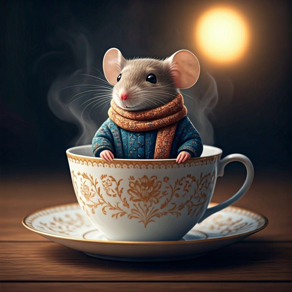 Mouse in Teacup: Dreamlike Oil Painting