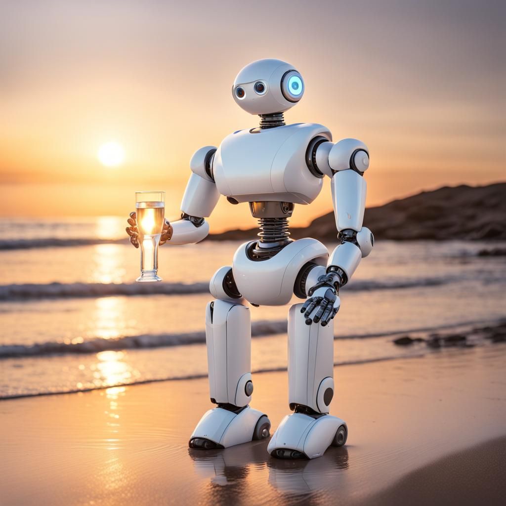Elegant Robot at Sunset Holding Oil