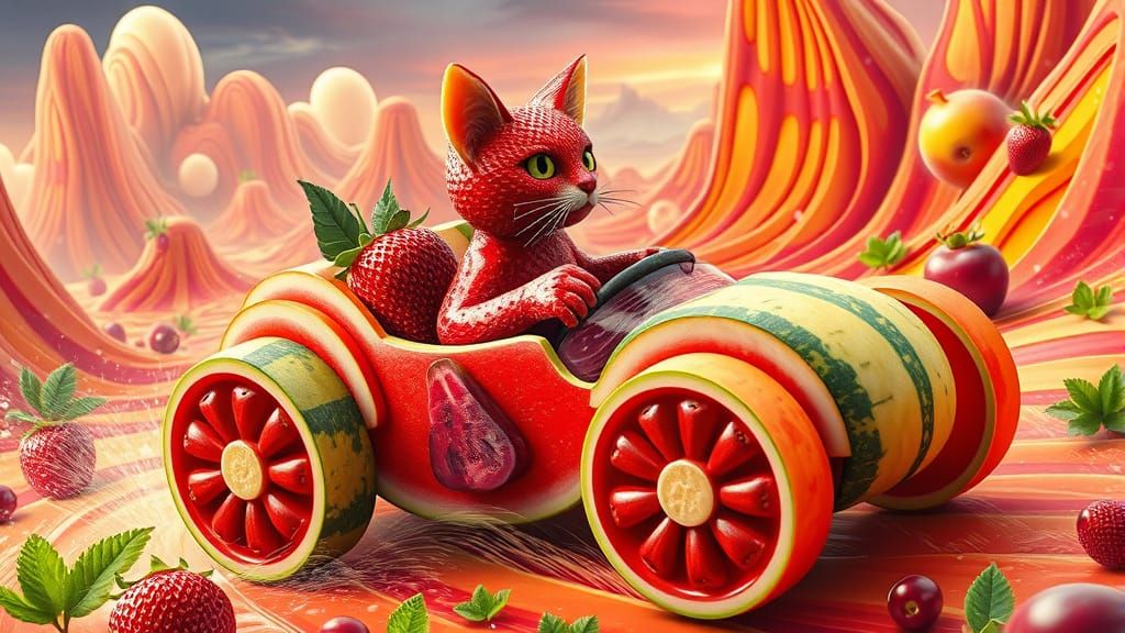 Surreal Fruitmobile Convergence in Vibrant Cyberpunk Landsca...