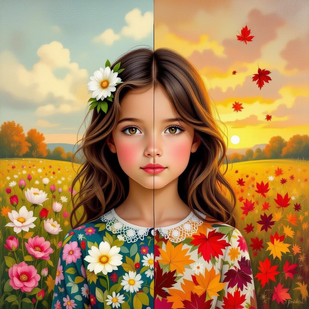 Spring and Fall Split Girl Surrealist Oil Painting