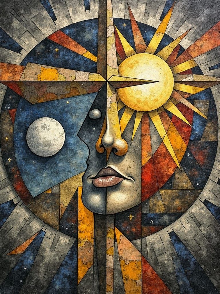 Cubist Sun and Moon: Cosmic Balance in Geometric Art