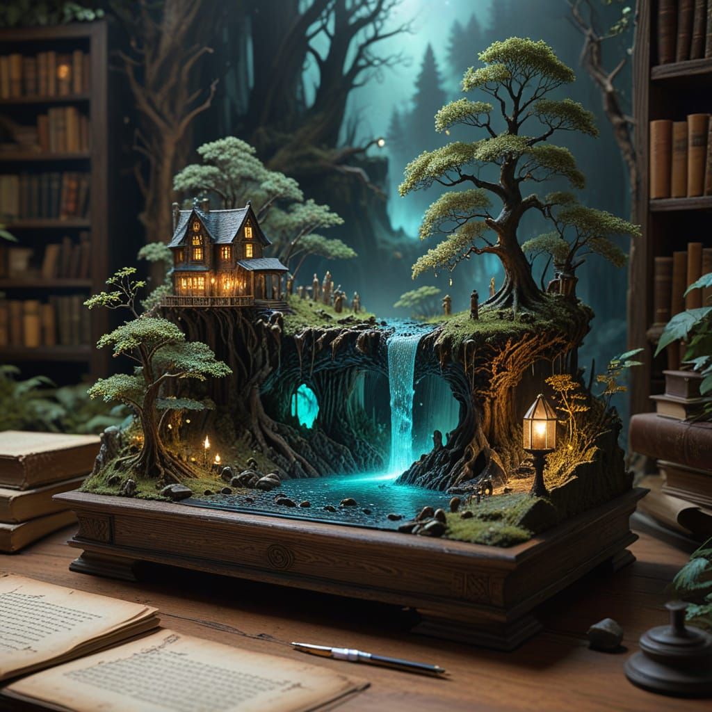 Lush Elven Forest Diorama with Bioluminescent Waterfalls