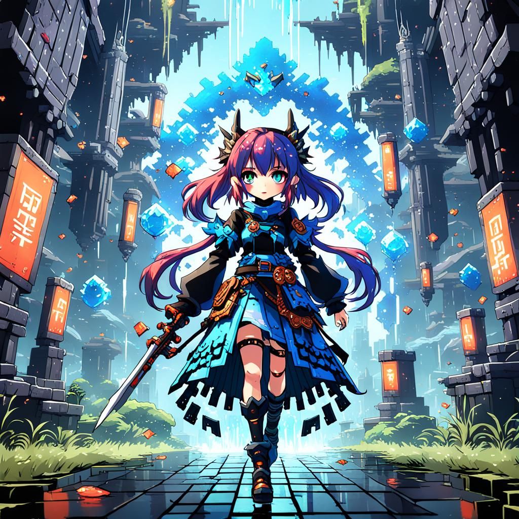Anime 8-Bit Girl in Detailed Matte Painting