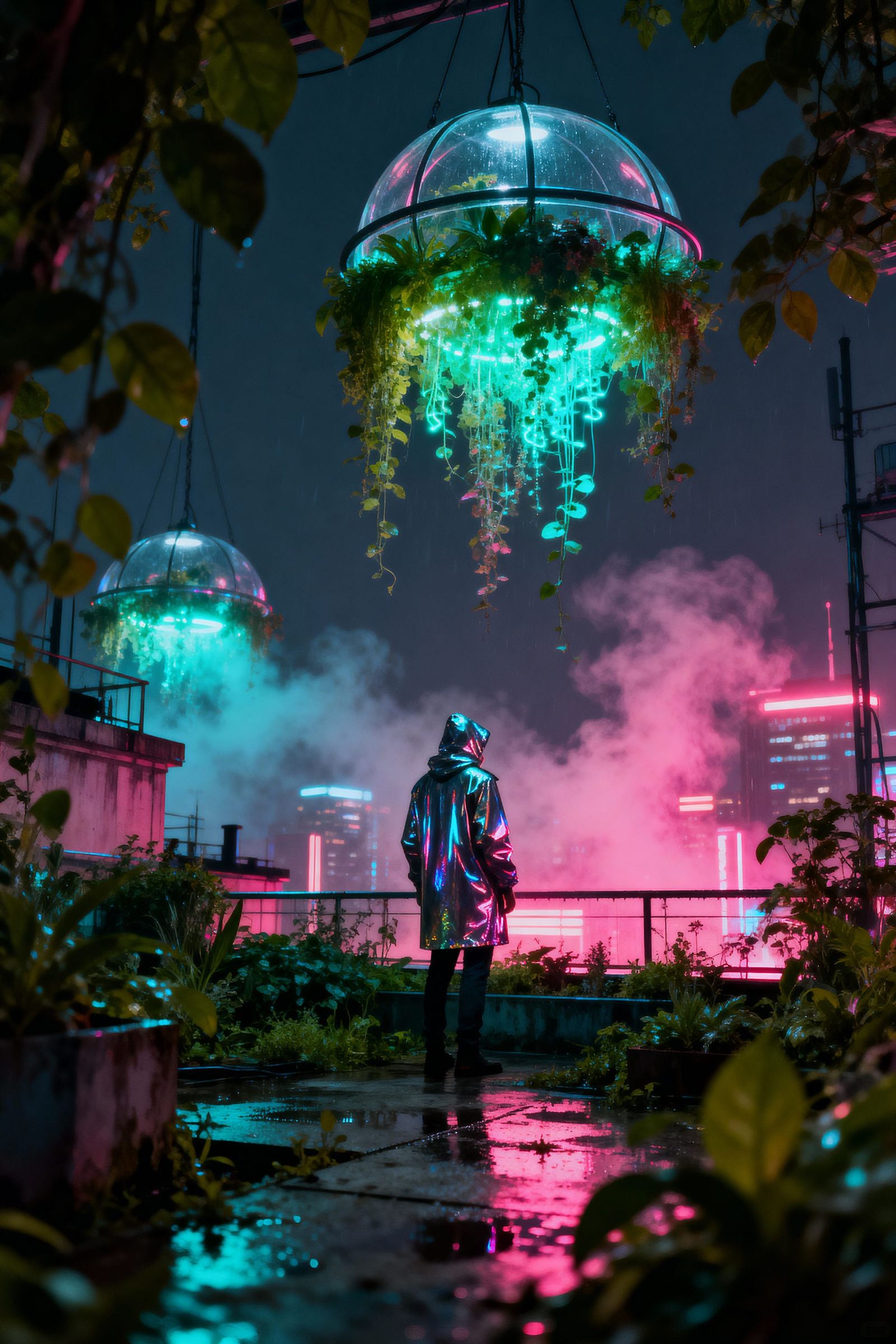 Lone Figure in Neon City Rooftop Garden