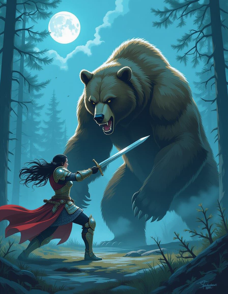Knight Commander Battles Bear in Moonlit Woods