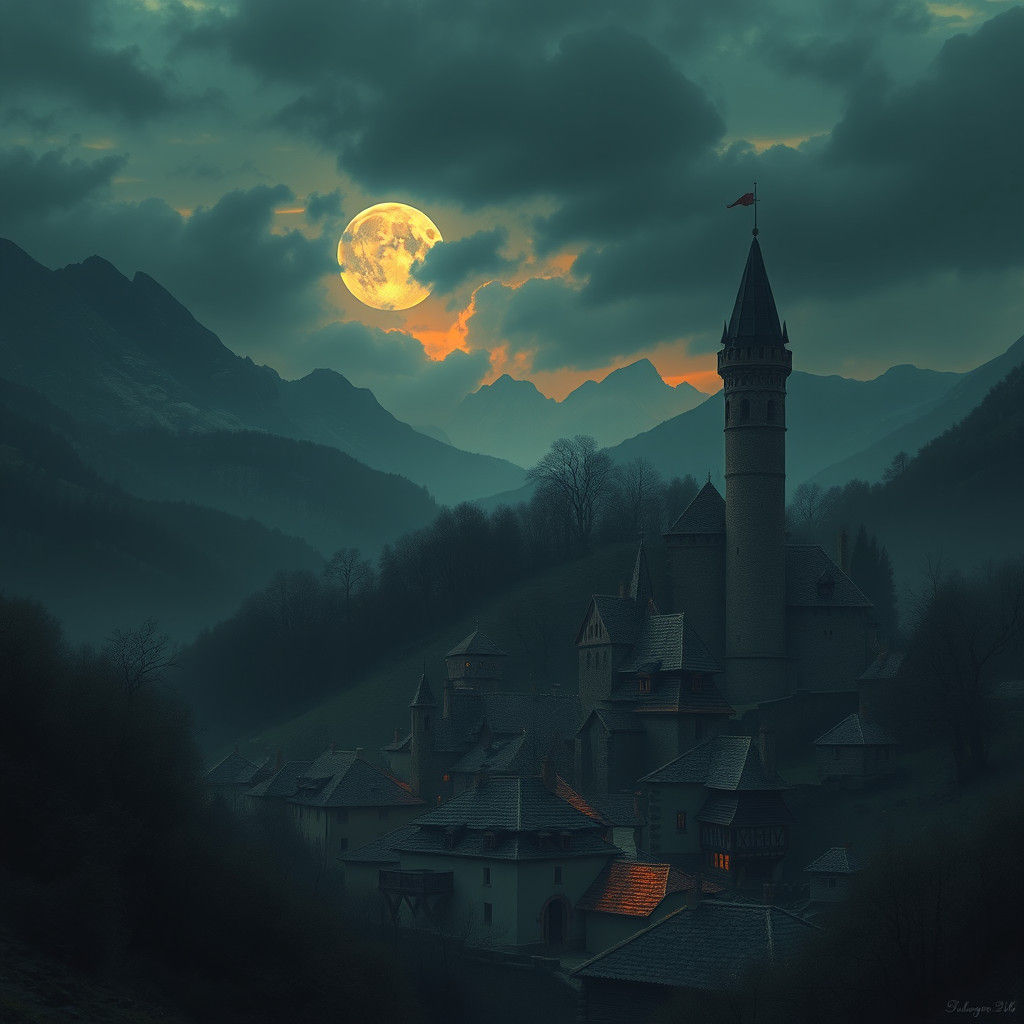 Medieval Alpine Village: Detailed Dark Landscape
