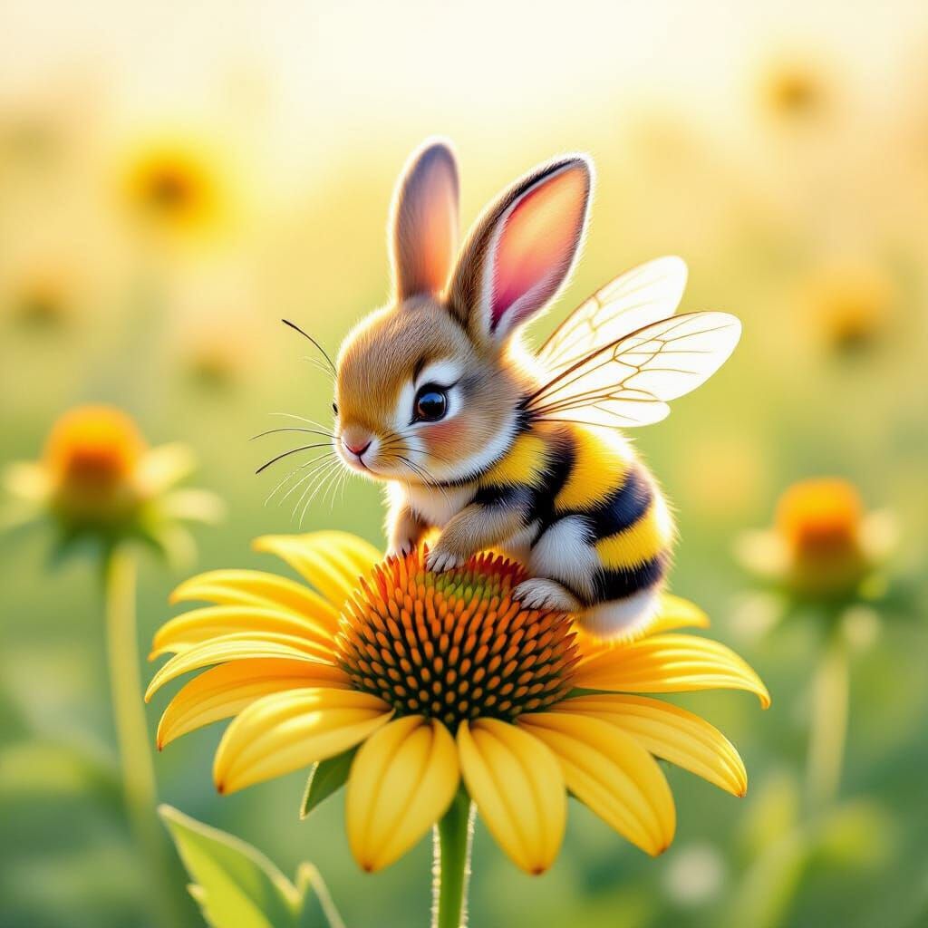 Whimsical Bee-Bunny on Flower in Golden Hour Light