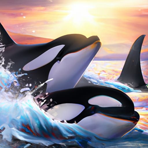 Orcas Swimming at Sunset: Hyperdetailed Digital Painting