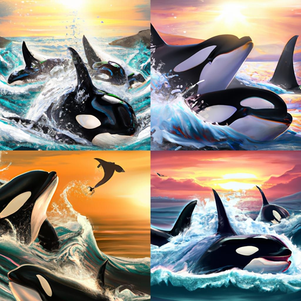 Orcas at Sunset: Hyperdetailed Marine Concept Art