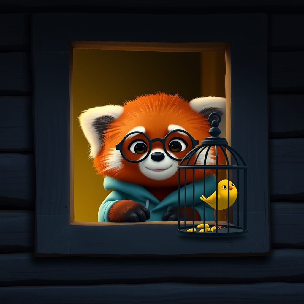 Whimsical Red Panda Peeks Through Window in Moody Pixar-Insp...