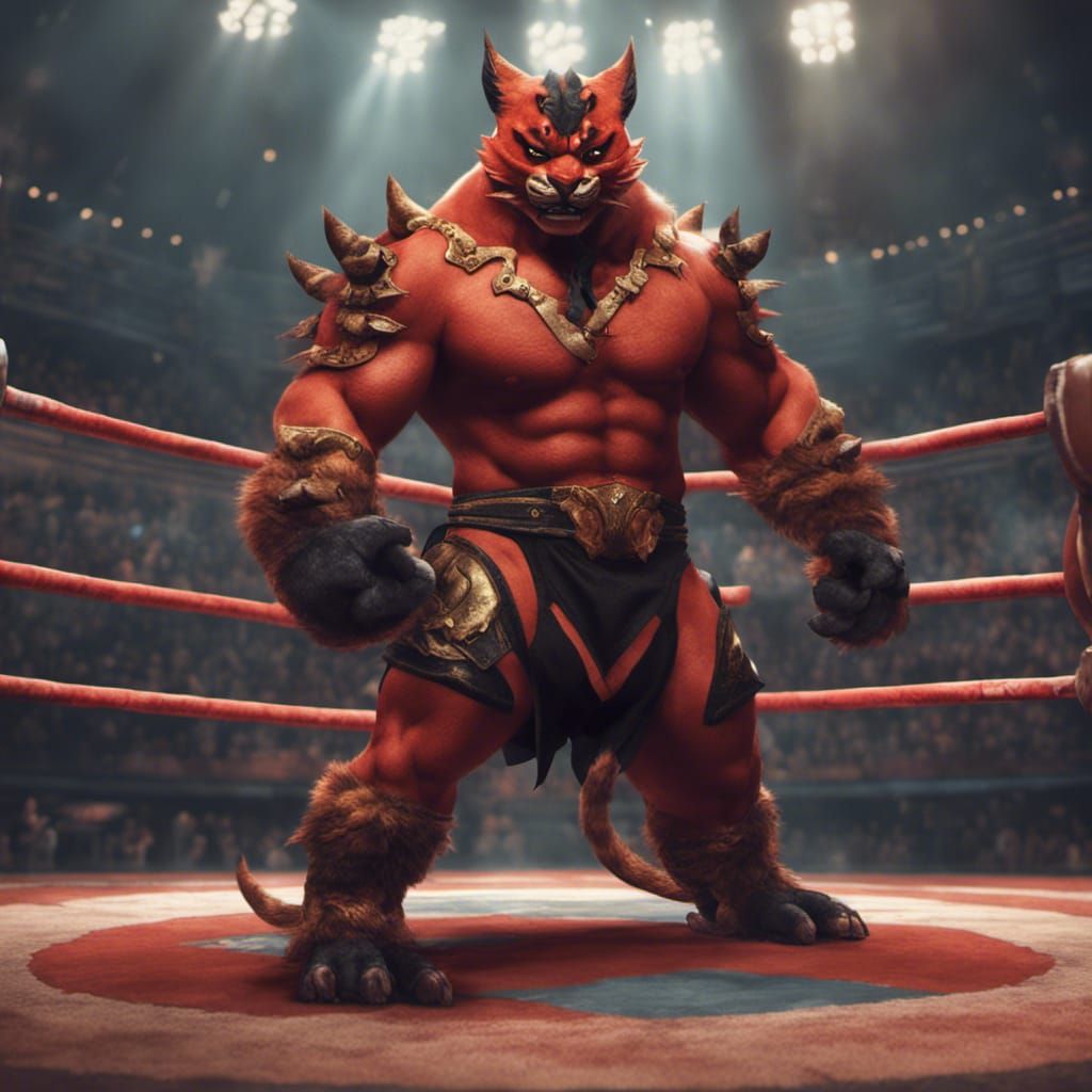 Catfolk Wrestler in Ring: Detailed Fantasy Art