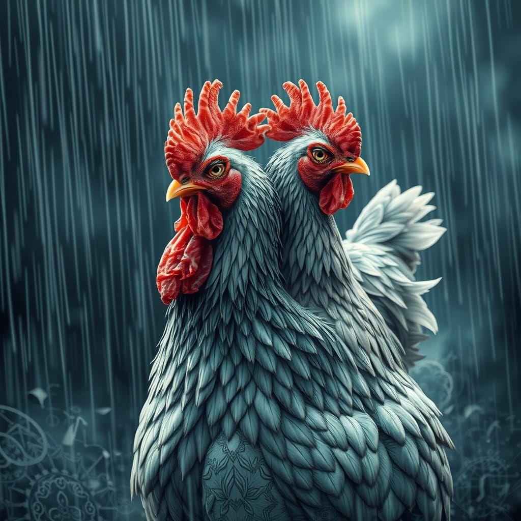 Two-Headed Chicken in Abstract Fractal Storm