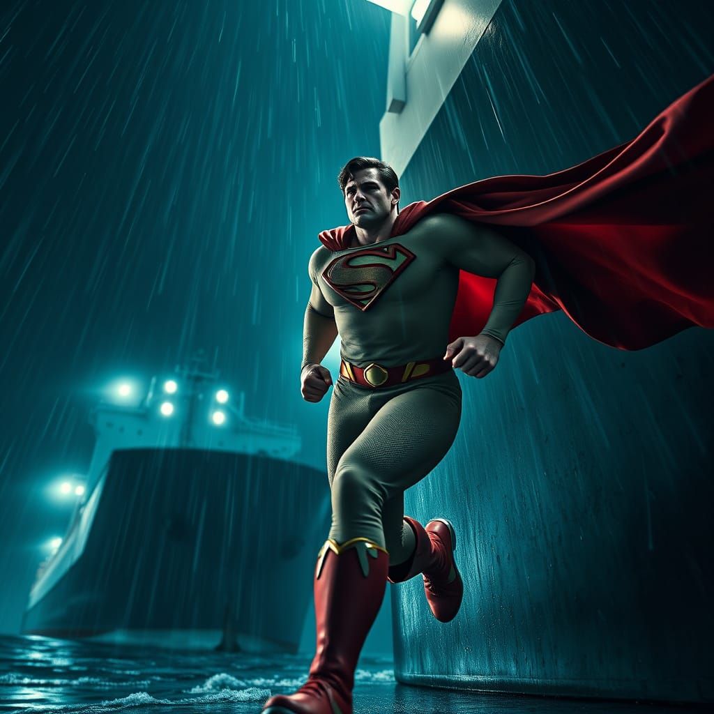 Superman in Beige Costume Runs on Tanker Ship