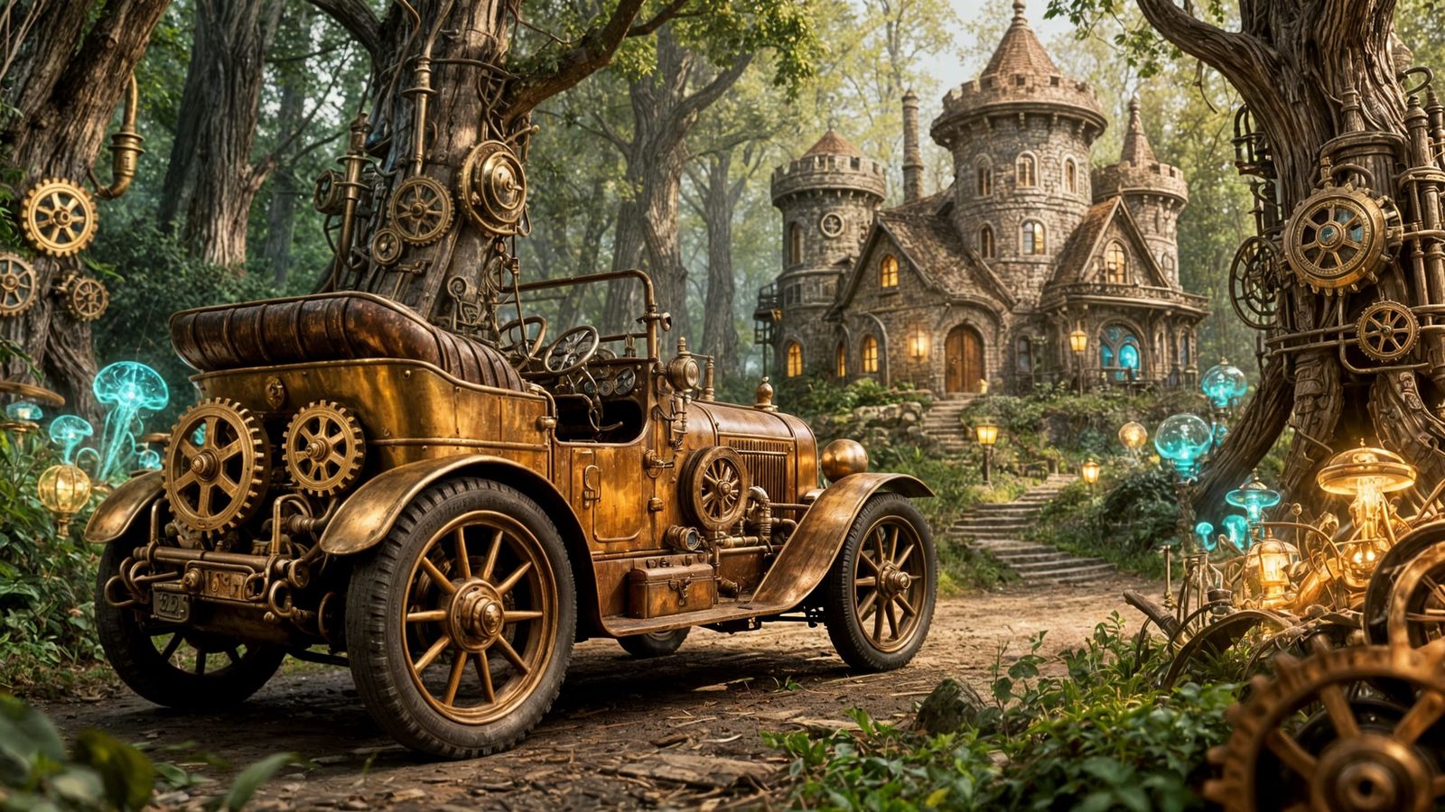 Steampunk Car and Elven Cottage in Enchanted Forest