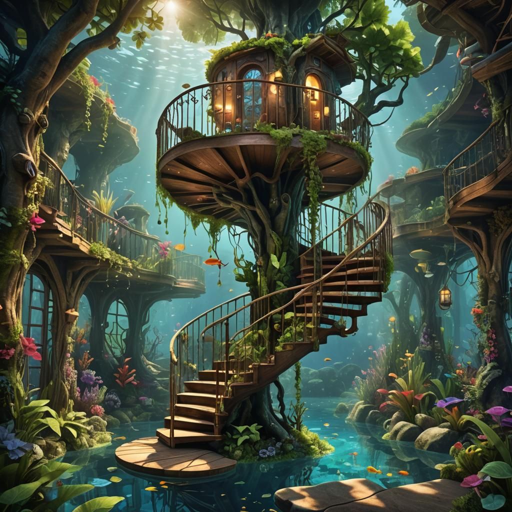 Underwater Treehouse with Spiral Staircase and Foliage