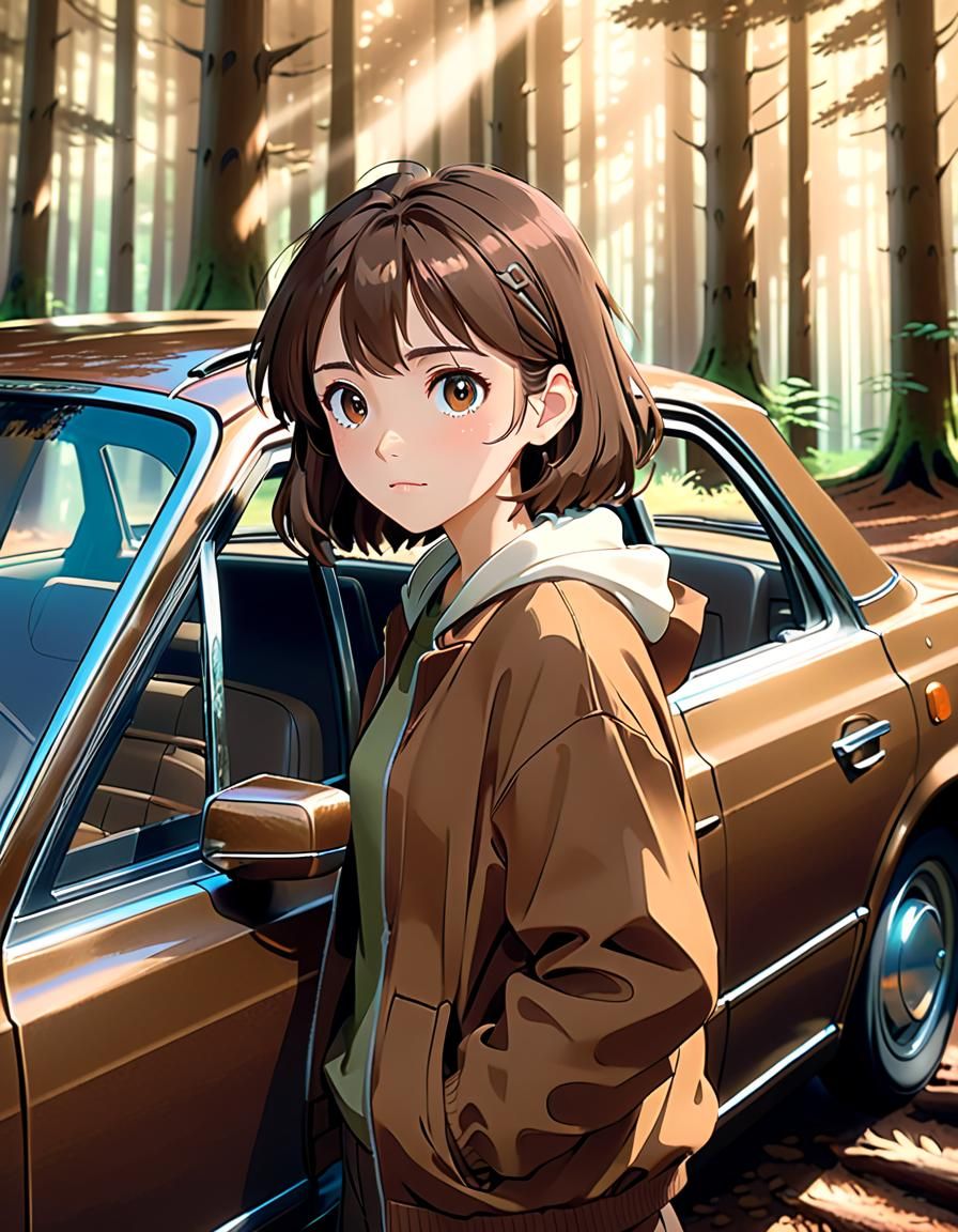 Woman in Car, Forest Scene in Anime Style